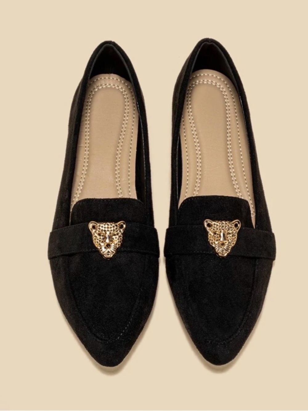 NEVER WORN Black Faux Suede Pointed-Toe Loafers with Gold Leopard Size 7.5